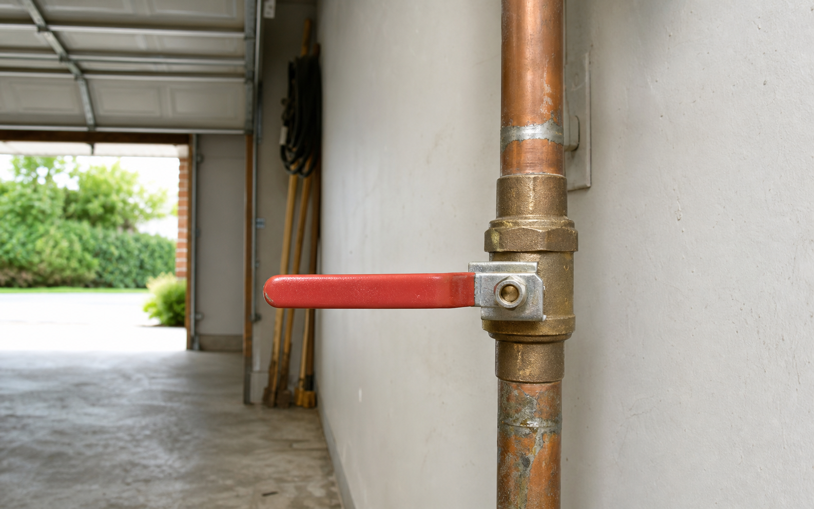 Garage water main shutoff valve with a long red handle