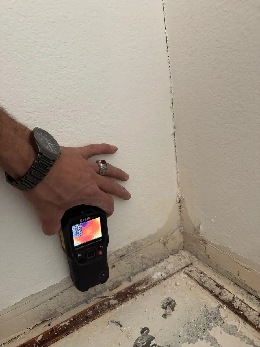 Thermal moisture meter at a stained wall base in an Anthem home