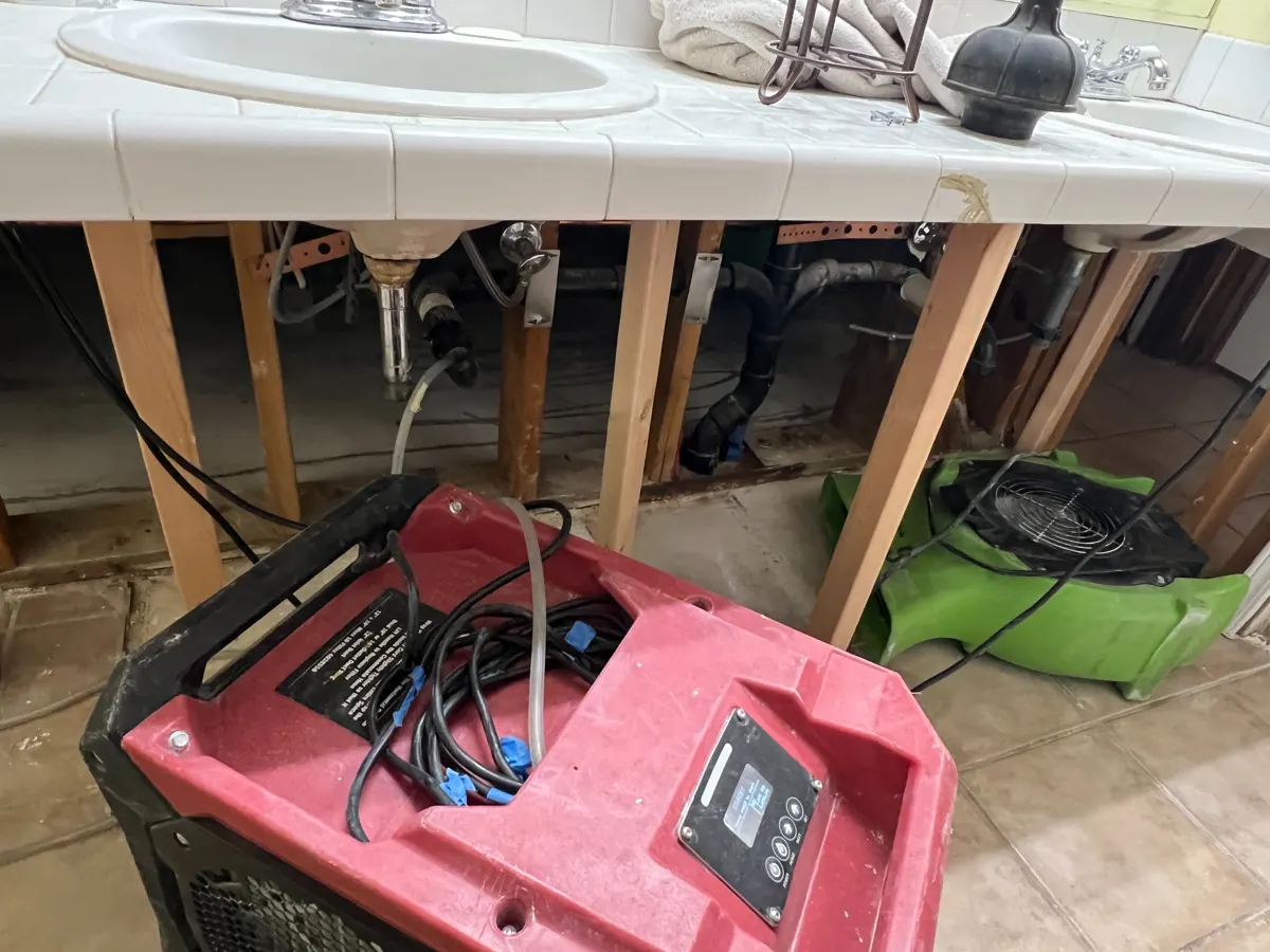 Dehumidifier and air mover under a bathroom vanity with the wall opened in a Centennial Hills home