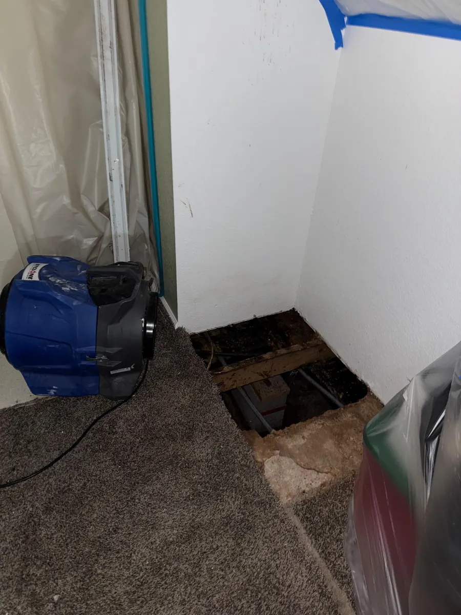 Air mover drying at an opened floor in a Green Valley South manufactured home
