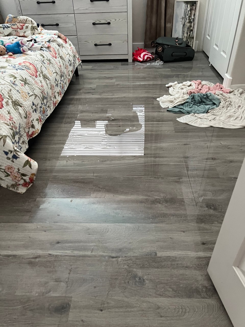 Standing water on a bedroom floor during a Green Valley North restoration assessment