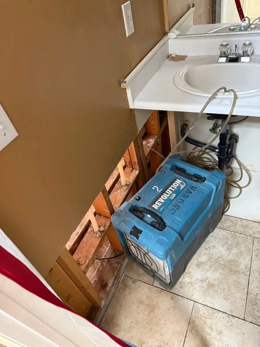 Dehumidifier under a bathroom sink with the lower wall opened to studs in a Lone Mountain home