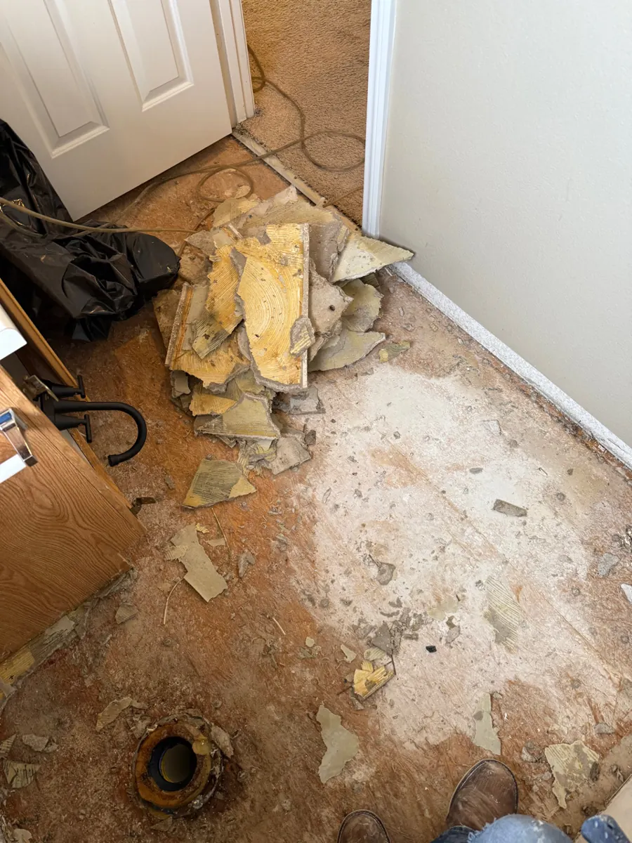Bathroom vinyl flooring torn out to the subfloor in a MacDonald Ranch home
