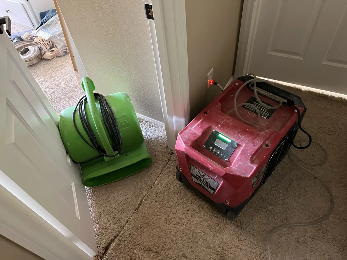 Air mover and dehumidifier drying carpet in a MacDonald Ranch home