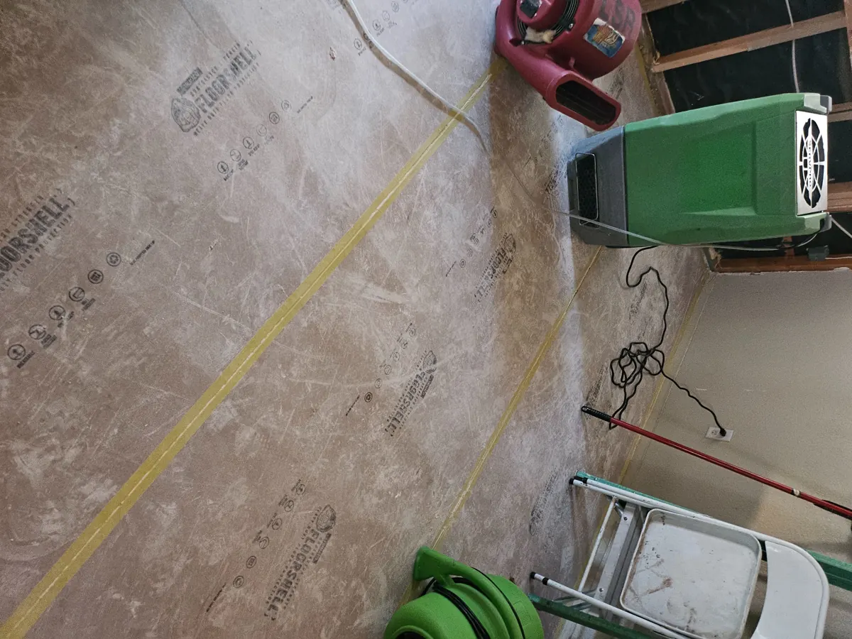 Dehumidifier and air movers on a protected floor in a River Mountain home