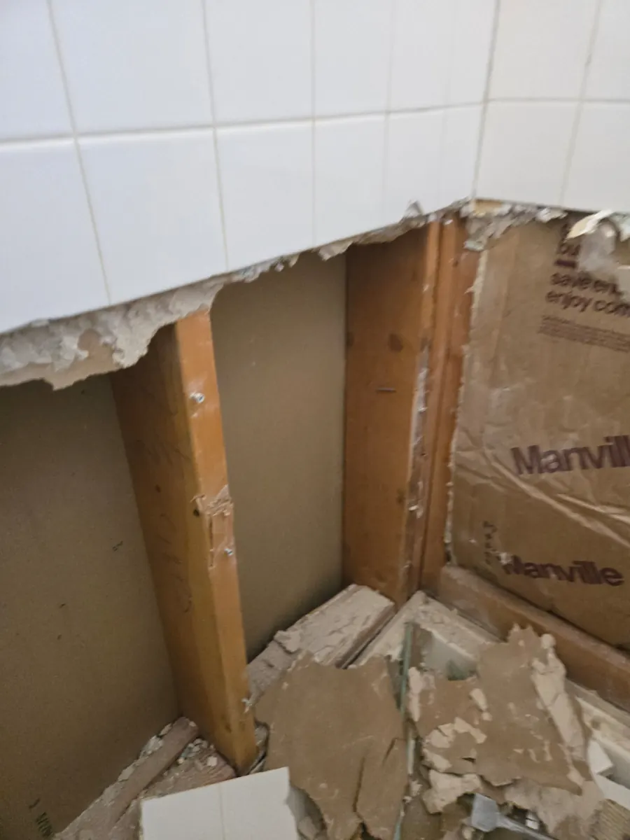 Shower tile and wall board removed to the studs above the shower pan, Silverado Ranch