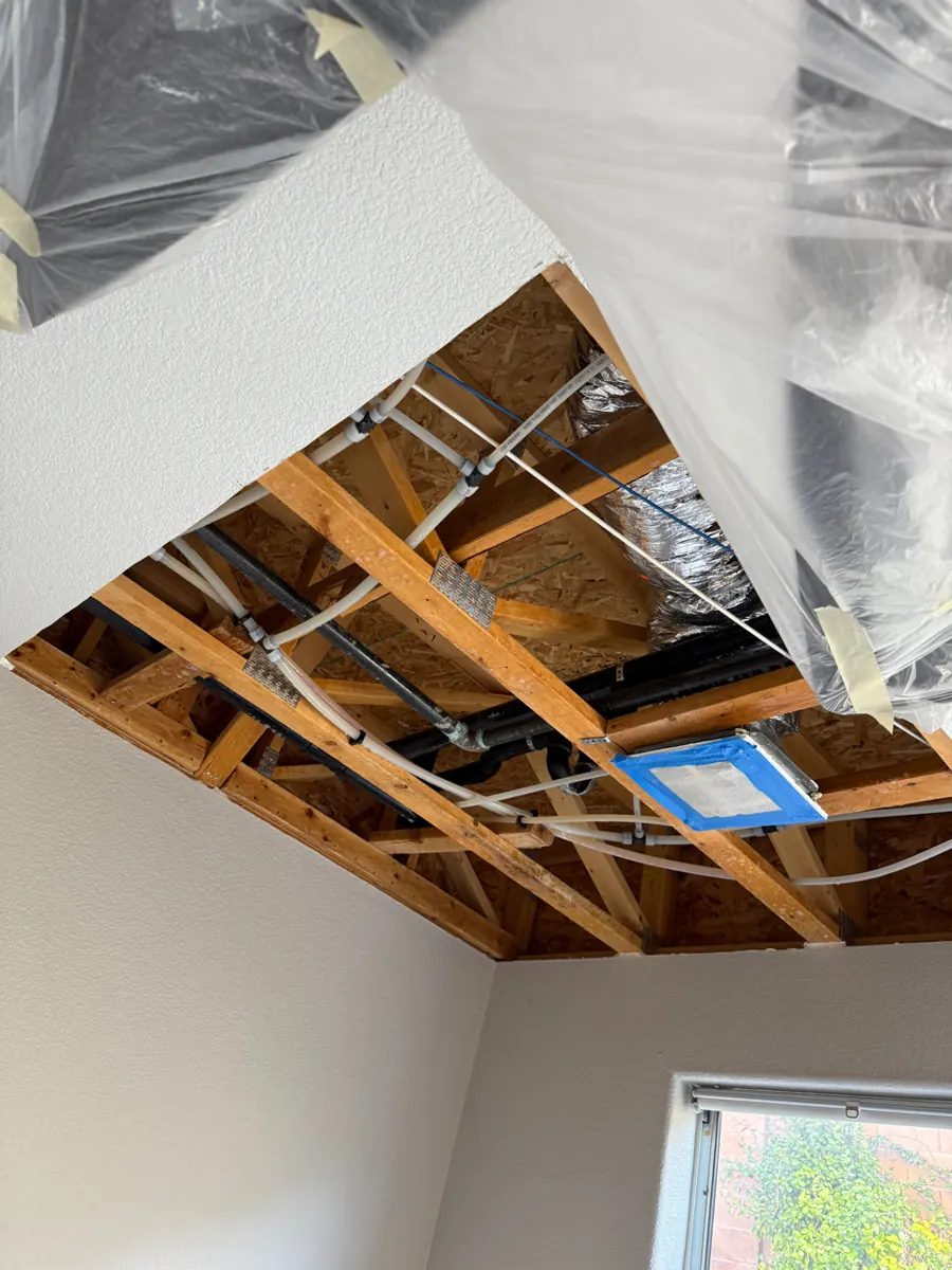 Bedroom ceiling opened to the joists inside plastic containment in a Southern Highlands home