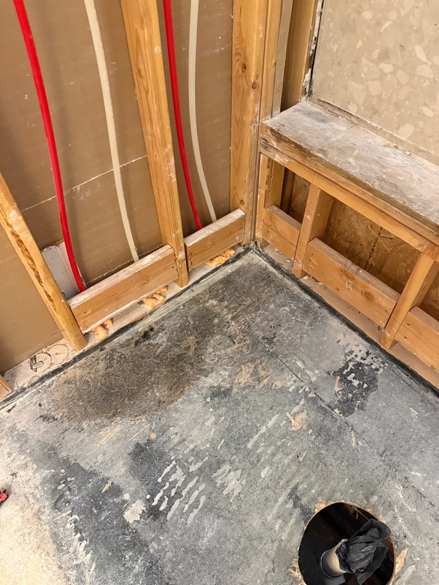 Shower walls and bench opened to the wood framing and subfloor in a Southern Highlands home
