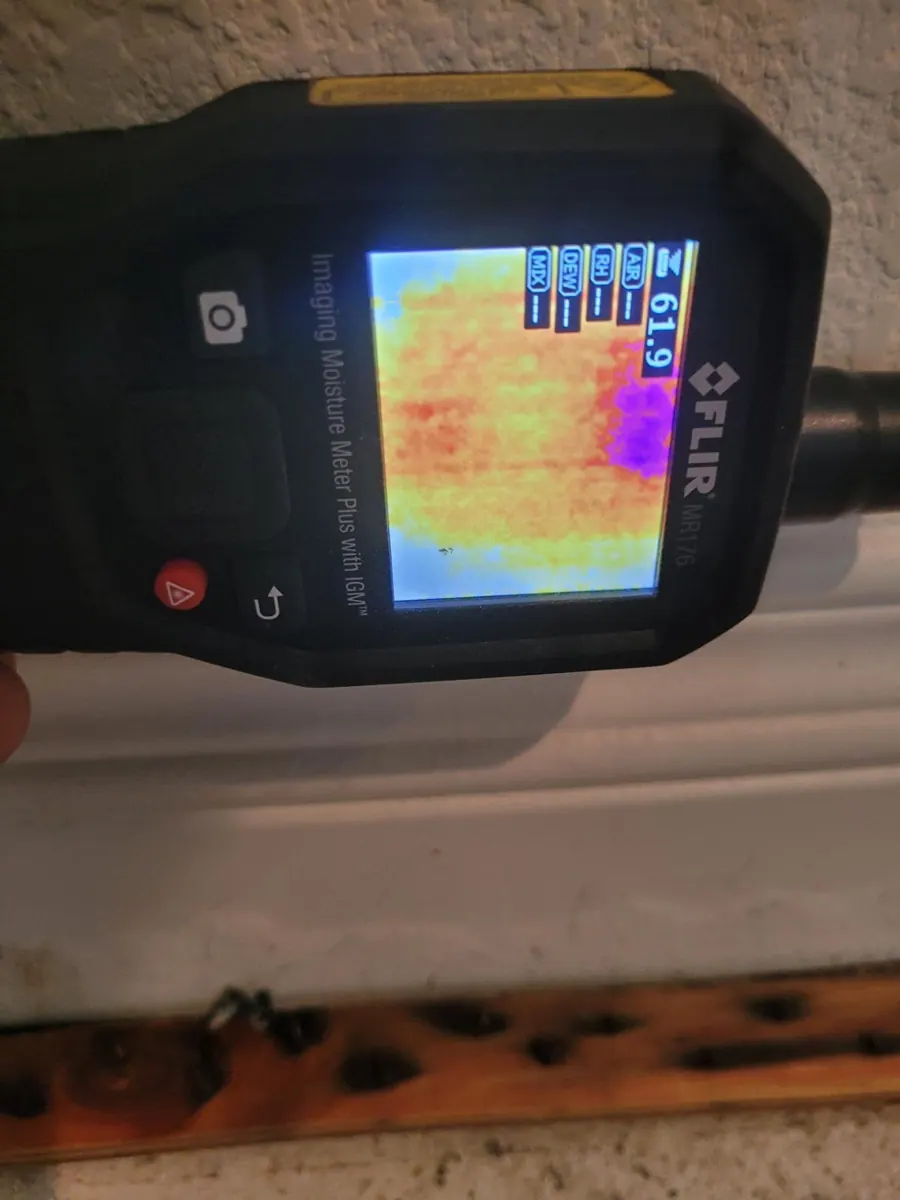 Thermal moisture meter held above a baseboard in a Spring Valley family room