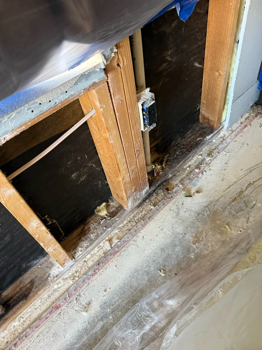 Lower wall opened to the studs and sheathing along the floor inside containment in The Lakes