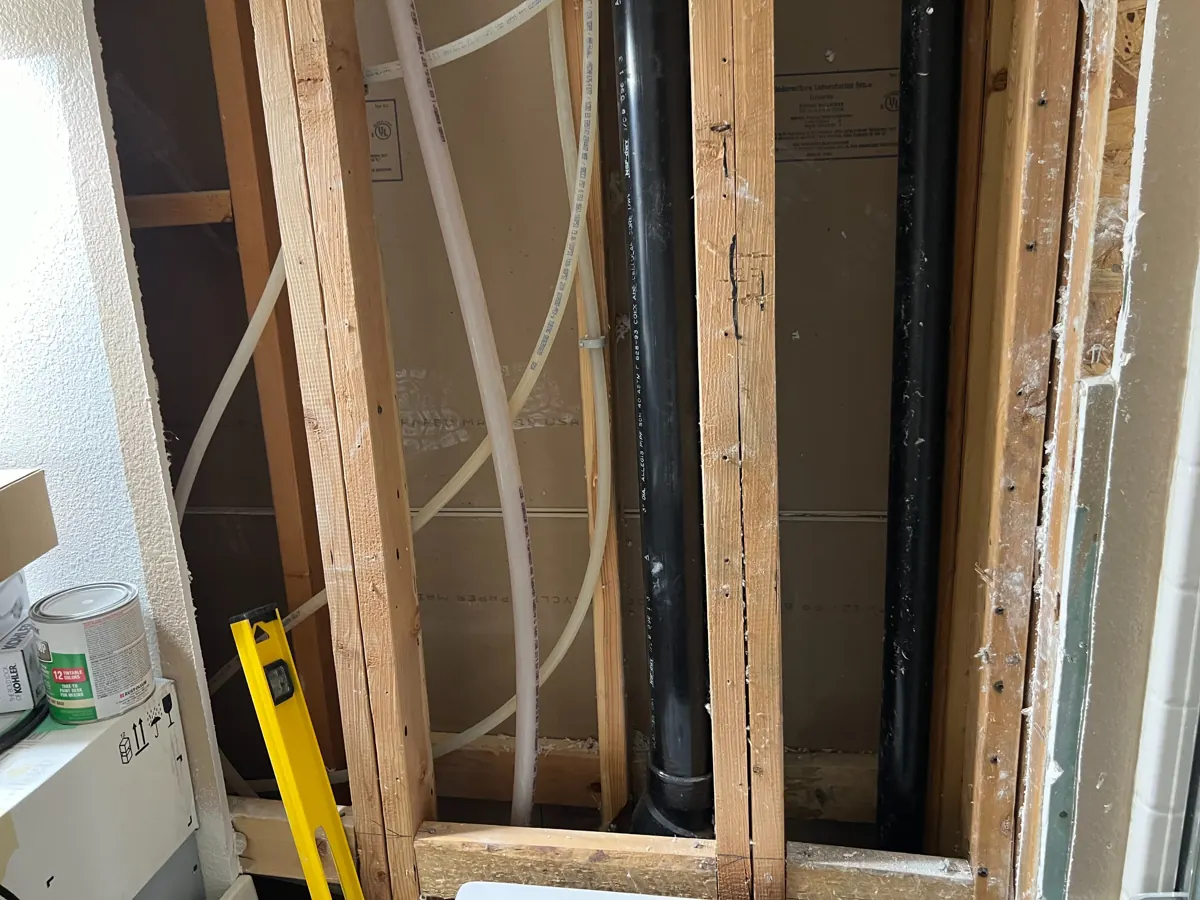 Wall opened to studs with drain pipes and supply lines exposed, Whitney