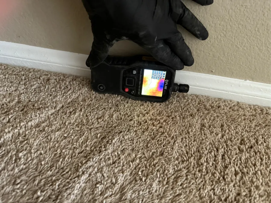 Thermal imaging showing water damage from a burst supply line traveling through a second-story ceiling on a Summerlin water damage restoration job