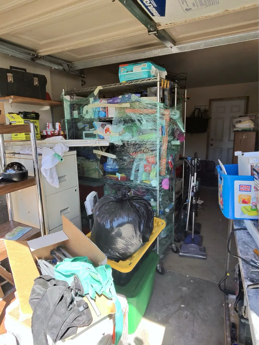 Cluttered garage storage area before hoarding cleanup and removal in Henderson
