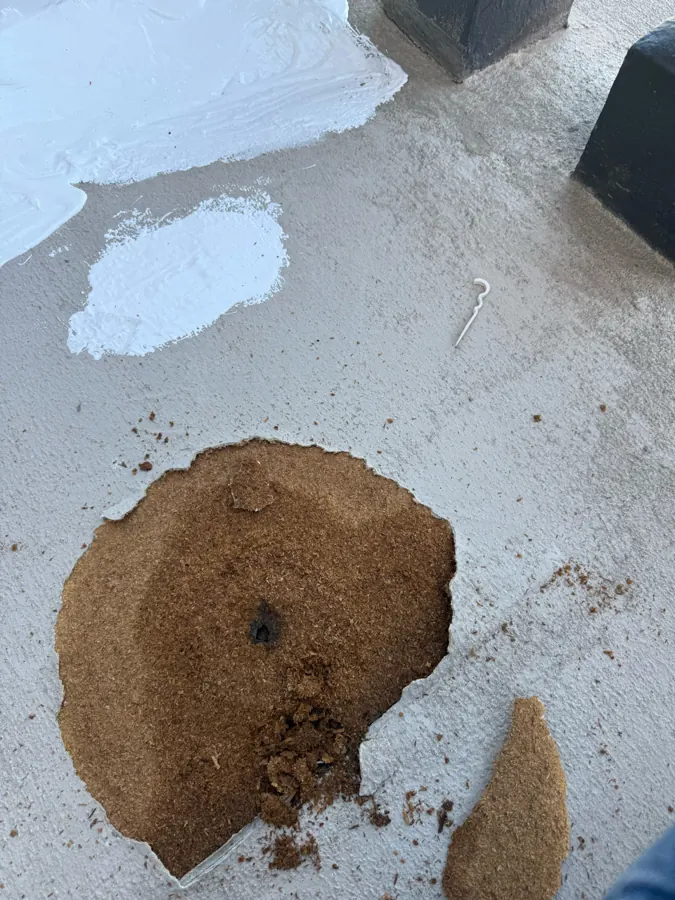 Balcony deck coating cut open, exposing wet wood underneath