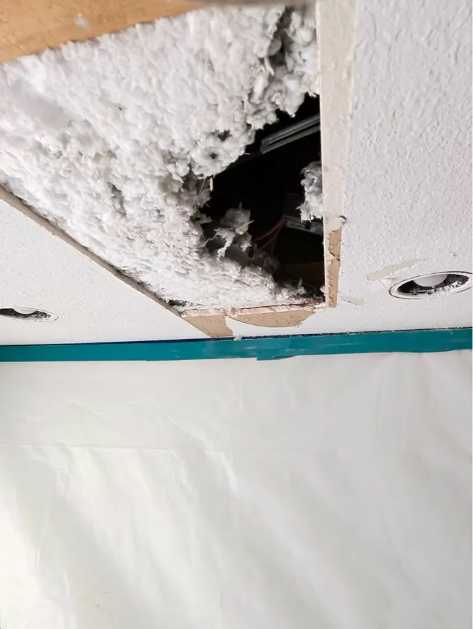 Section of upstairs ceiling drywall removed to reveal wet blown-in insulation above