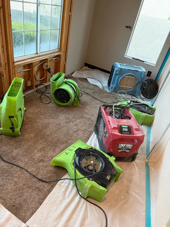 Air movers, a dehumidifier and an air scrubber drying the opened front room of a home in The Lakes