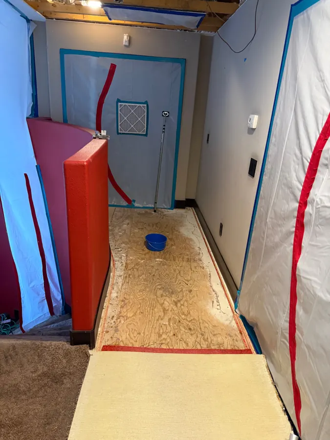 Upstairs hallway sealed with plastic containment and zipper doors, carpet pulled back to expose the plywood subfloor
