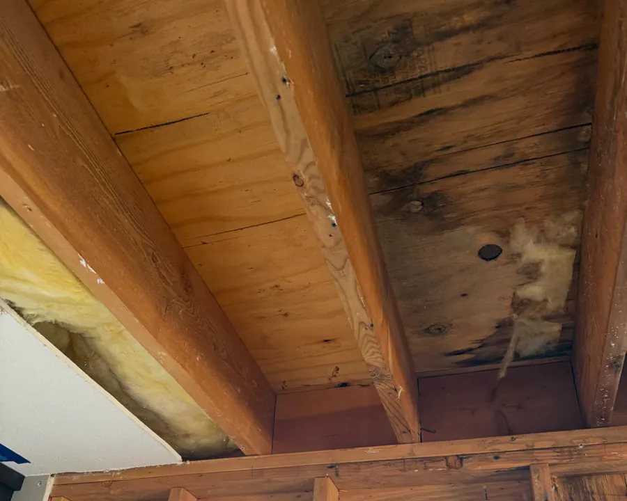 Dark water staining on the joists and subfloor of the balcony deck, seen from the room below