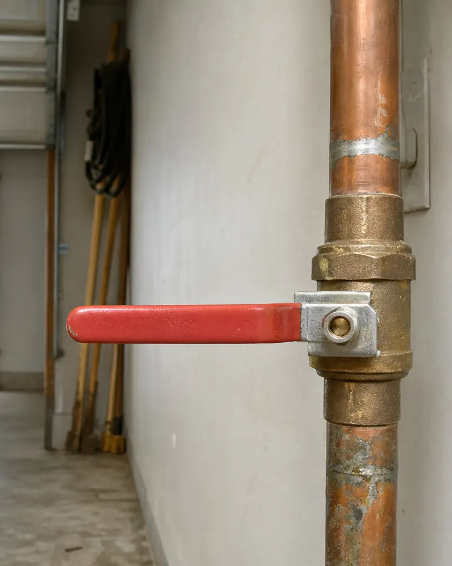 Garage water main shutoff valve with a long red handle